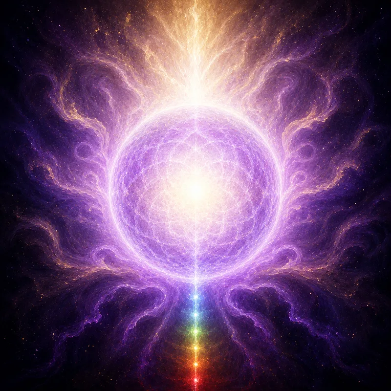 Transcendent violet and white light energy rising upward with rainbow thread below, representing the crown chakra