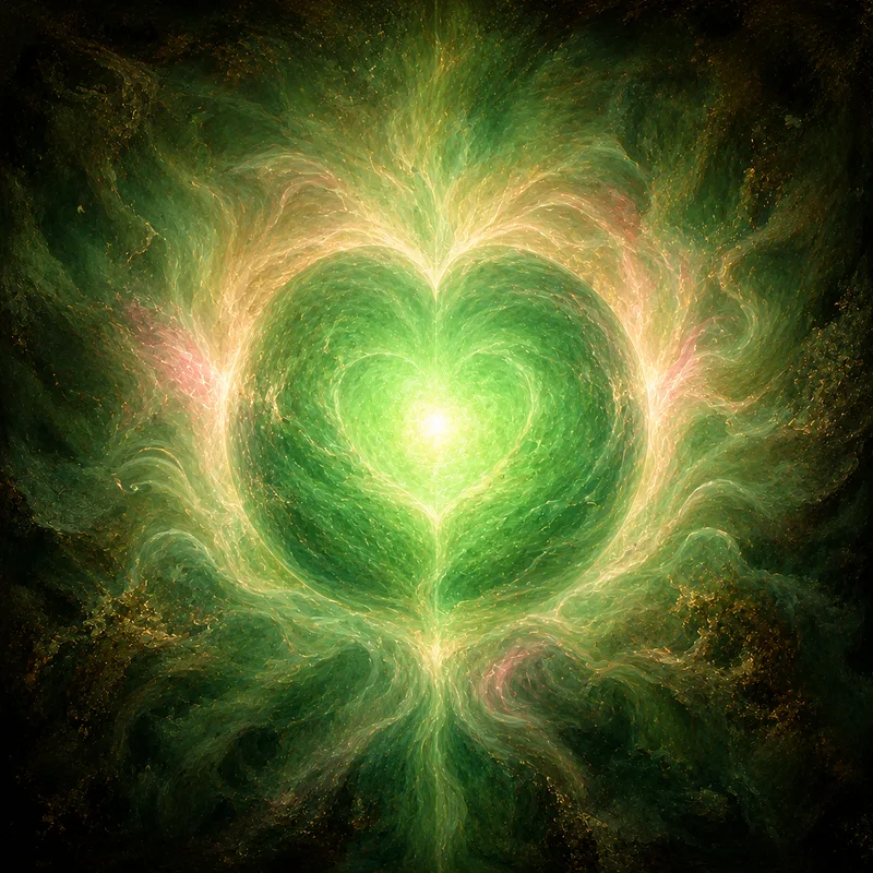 Soft emerald green heart-shaped light energy with gold and rose accents, representing the heart chakra