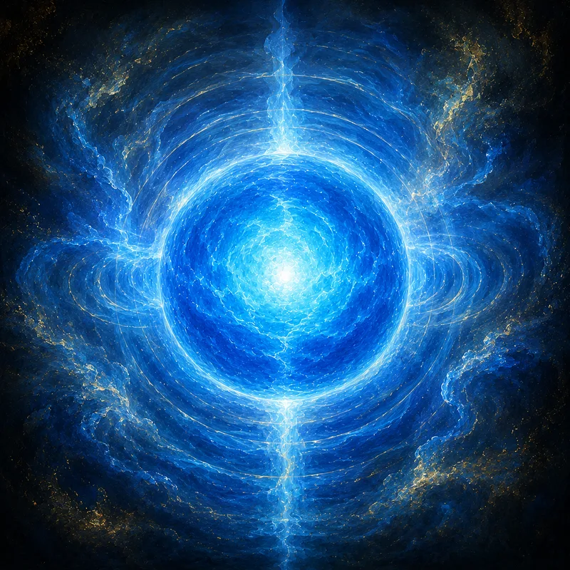 Vibrant blue energy sphere with concentric rings of light, representing the throat chakra