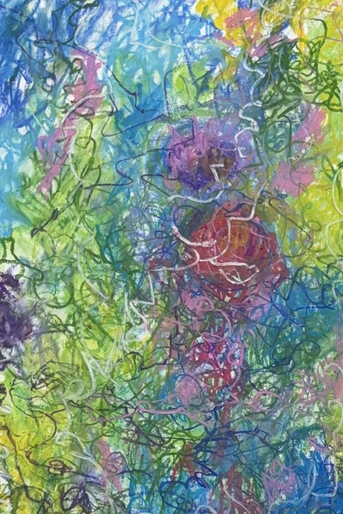 Oil pastel drawing for Air and Trumpet Vine, loose loops of blue, green and yellow around a red and violet flower form