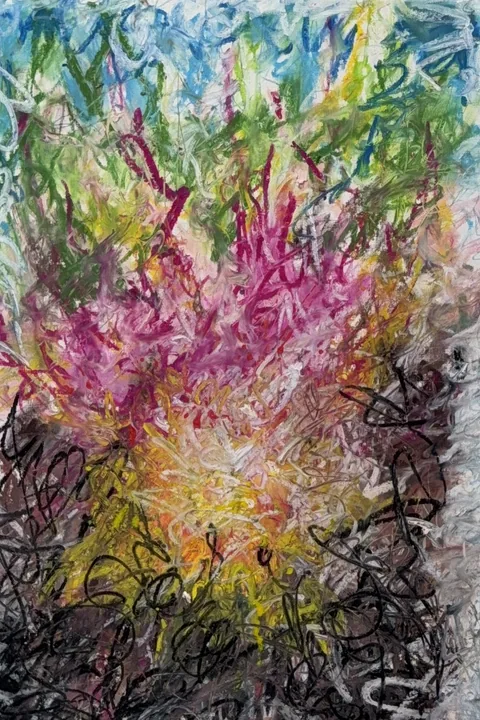Oil pastel drawing for Earth and Nicotiana, a burst of magenta, gold and green rising out of dark earth tones
