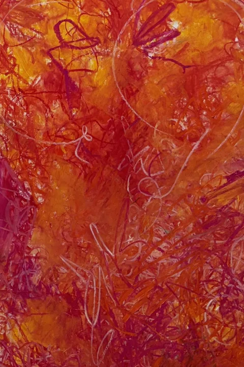 Oil pastel drawing for Fire and Cayenne, layered orange, red and magenta strokes with pale looping lines