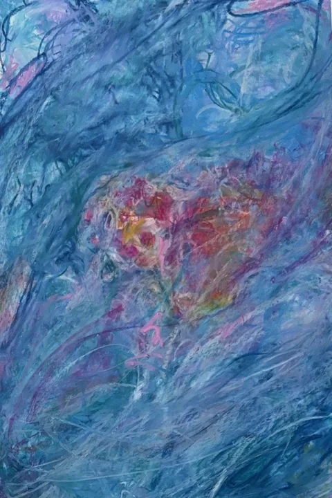 Oil pastel drawing for Water and Fuchsia, sweeping blue and lilac currents around a glowing red and pink flower